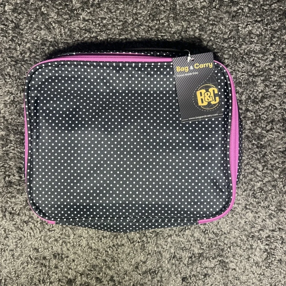 Bag And Carry Hanging‎ Travel Cosmetic Bag Black  White Polls Dots Pink Zipper